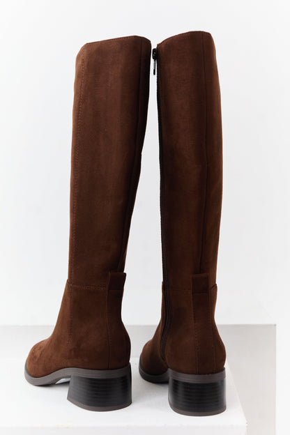 Cocoa Faux Suede Wide Calf Block Heel Tall Boots
