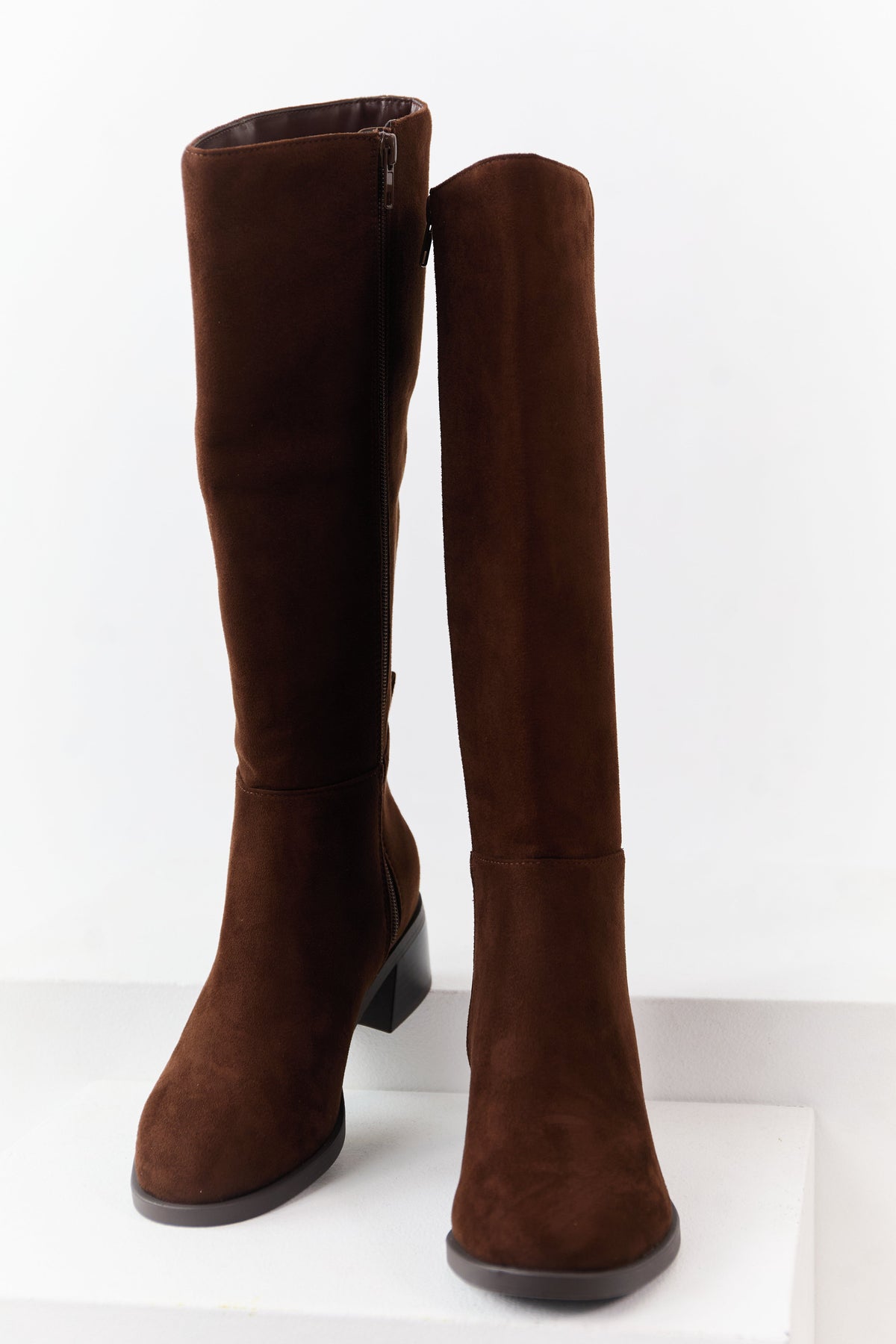 Cocoa Faux Suede Wide Calf Block Heel Tall Boots