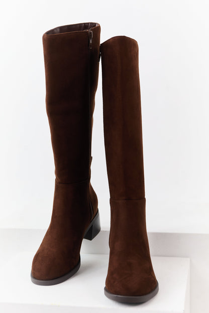 Cocoa Faux Suede Wide Calf Block Heel Tall Boots