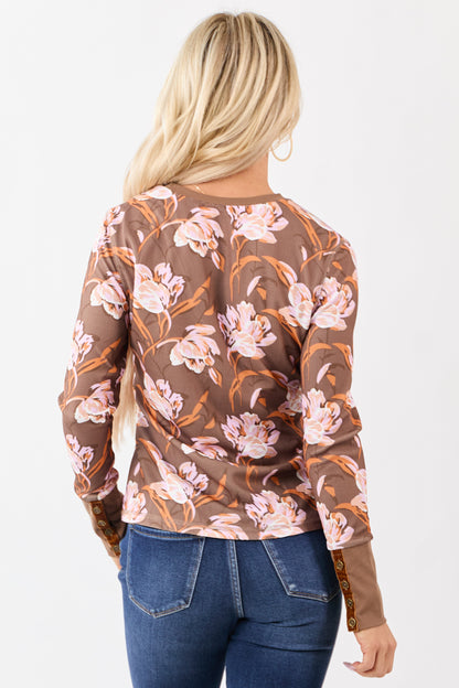 Coffee Floral Print Waffle Knit Long Sleeve Top