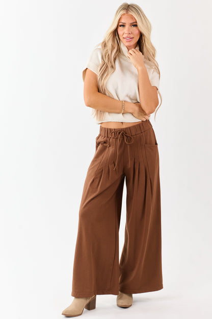 Coffee Wide Leg Pleated Waist Knit Sweatpants