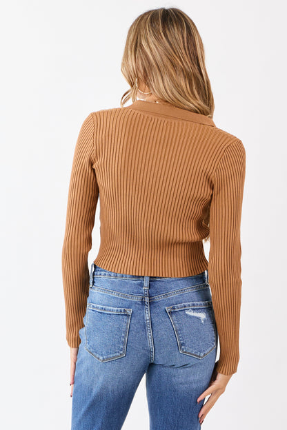 Cognac Rib Knit Polo Style Cropped Sweater