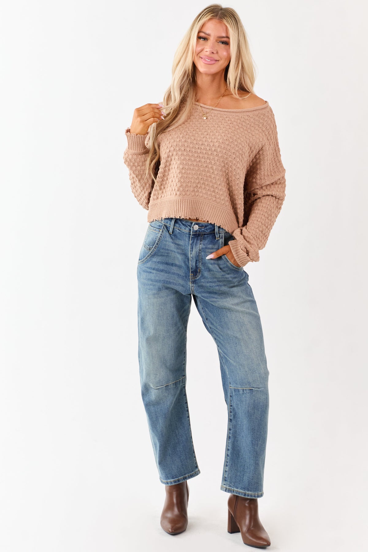 Cognac Soft Textured Knit Round Neck Boxy Sweater