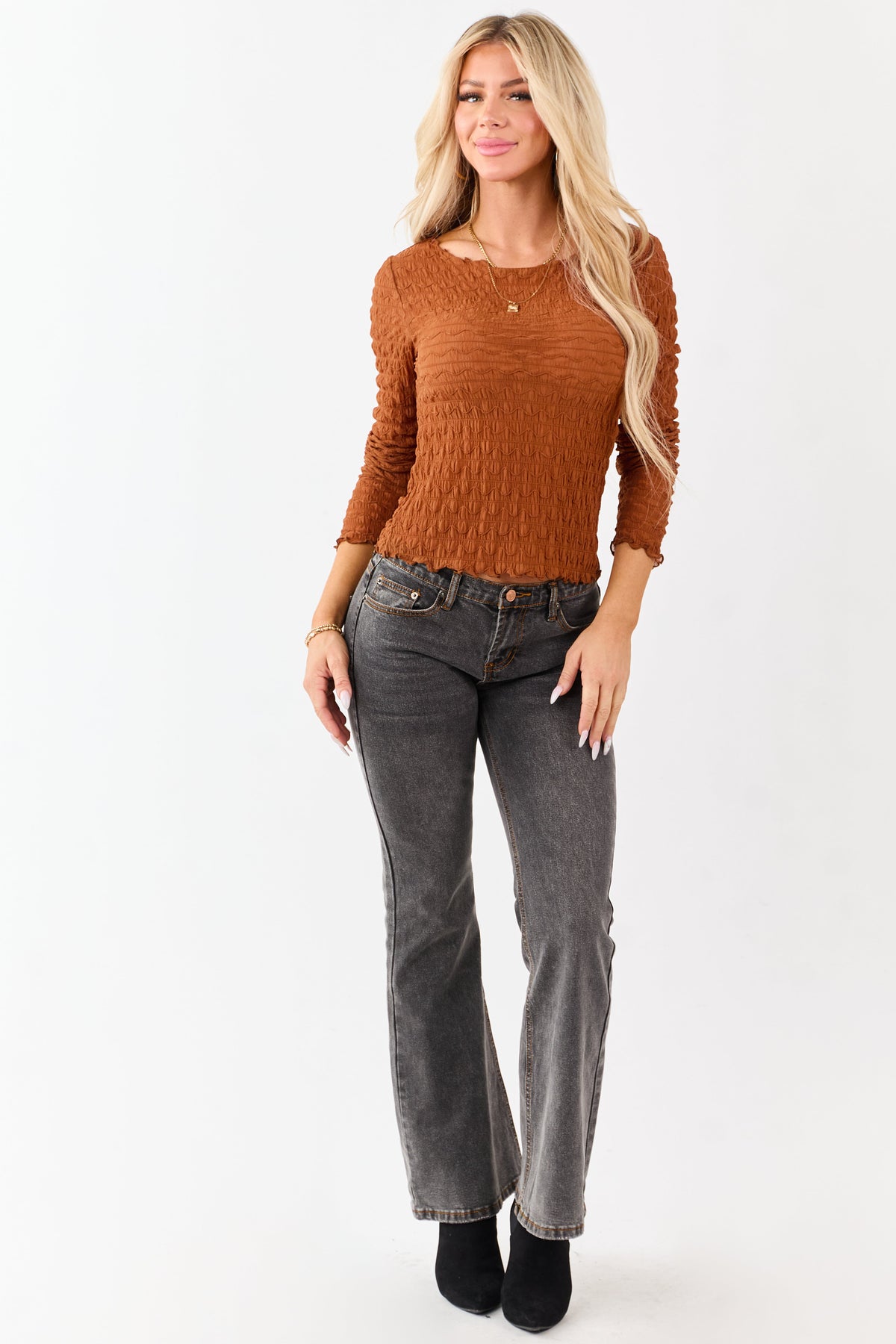 Cognac Textured Boat Neck Long Sleeve Mesh Top