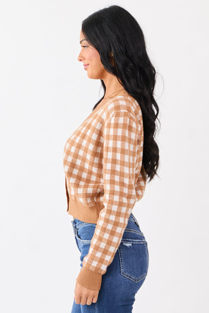 Copper Checkered Button Down Cropped Cardigan