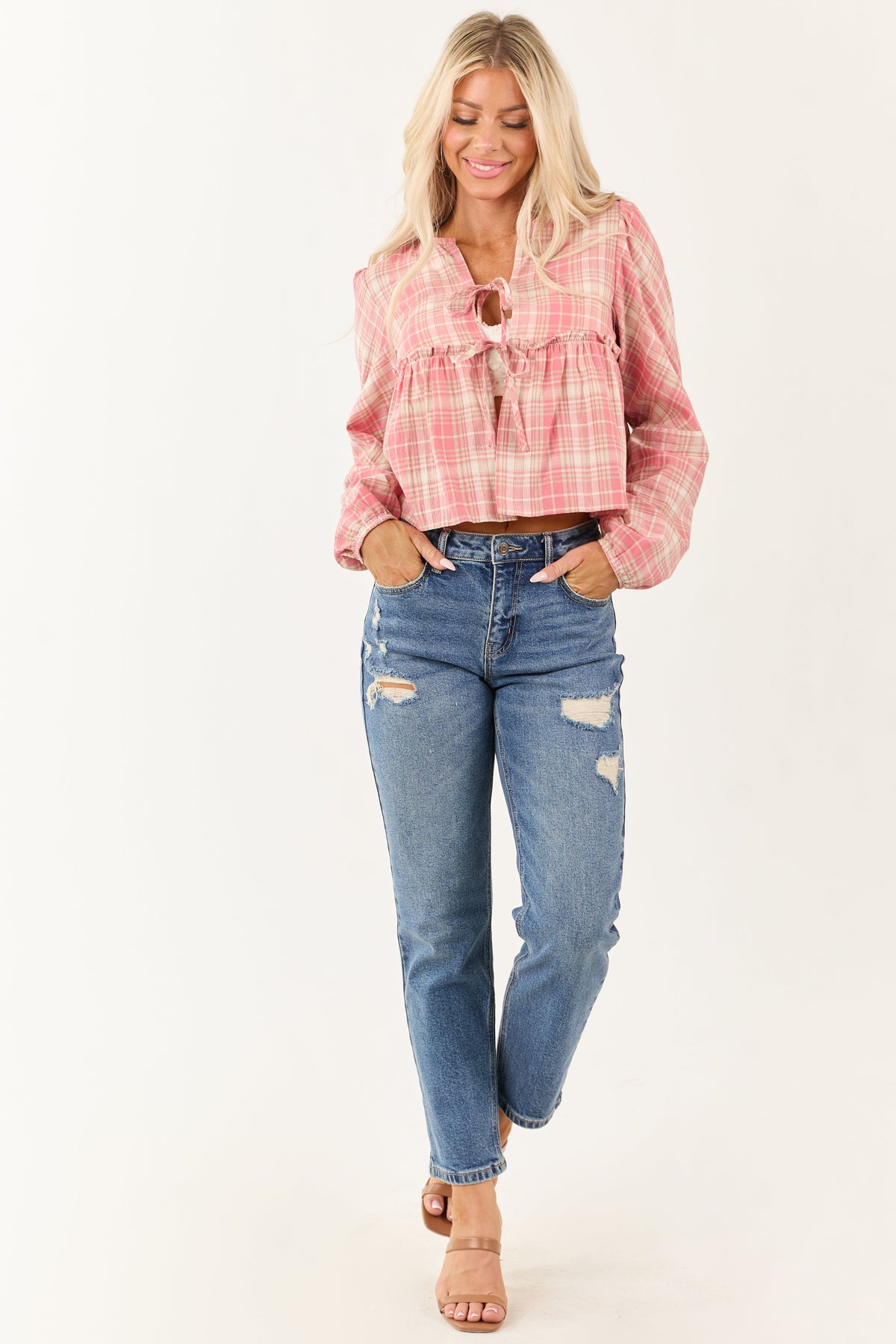 Coral and Cream Plaid Long Sleeve Cotton Top