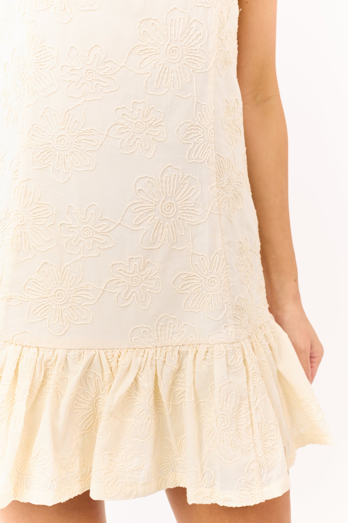 Cream 3D Floral Shoulder Tie Cotton Mini Dress