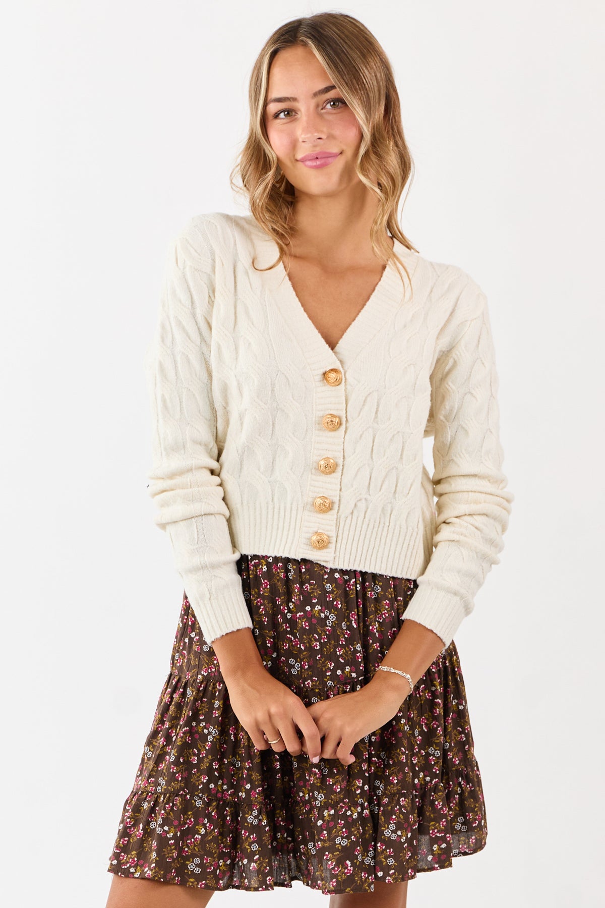 Cream Button Down Cable Knit Sweater Cardigan