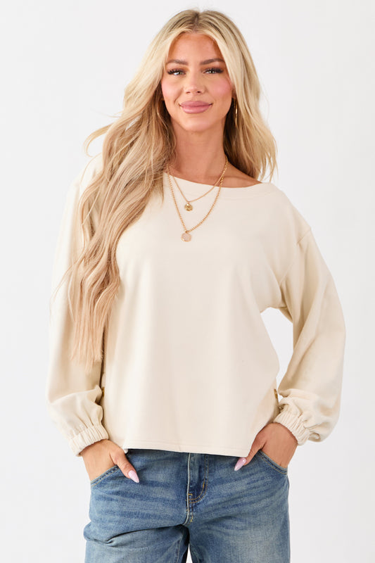 Cream Buttoned Side Long Sleeve Soft Knit Top