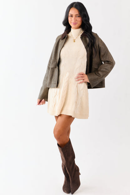 Cream Cable Knit Mock Neck Sleeveless Mini Dress