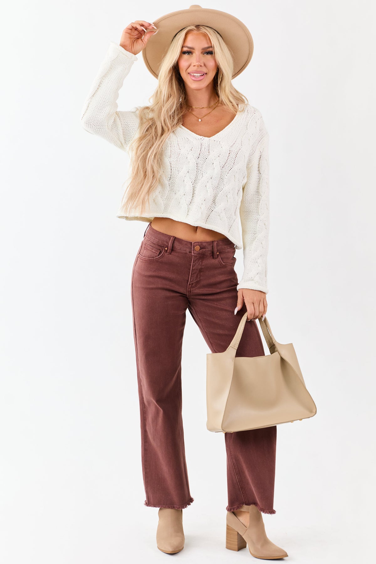 Cream Cable Knit V-Neck Long Sleeve Sweater