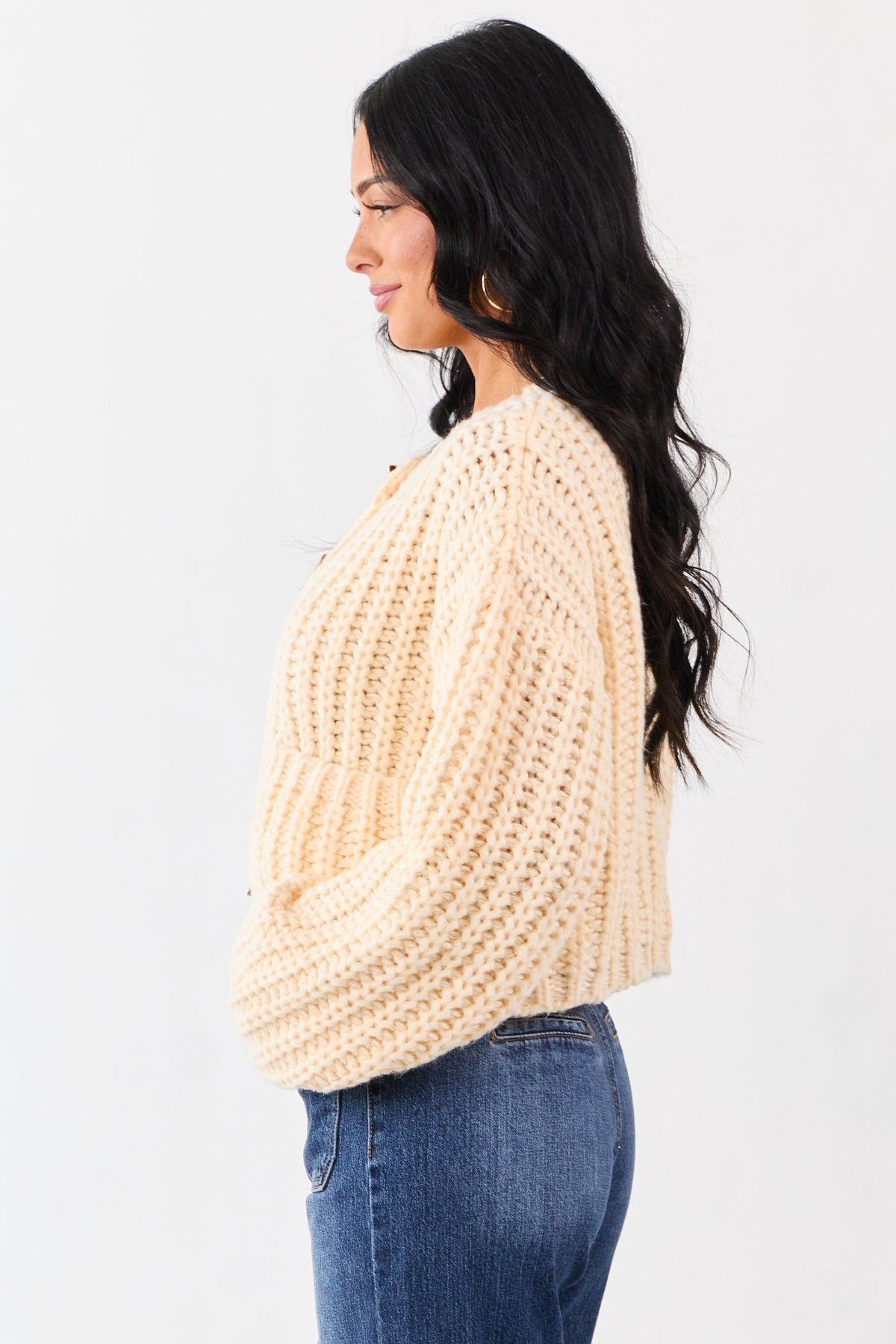 Cream Chunky Rib Knit Button Down Sweater Cardigan