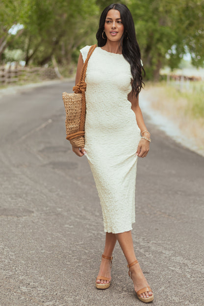 Cream Crinkle Textured Cap Sleeve Midi Dress