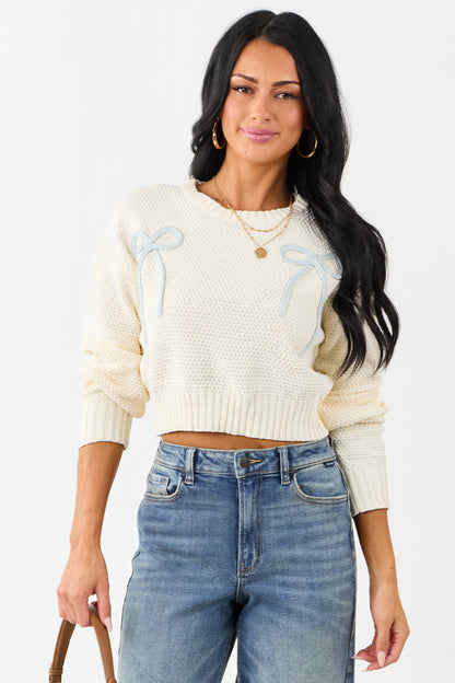 Cream Crochet Knit Bow Detail Crop Sweater