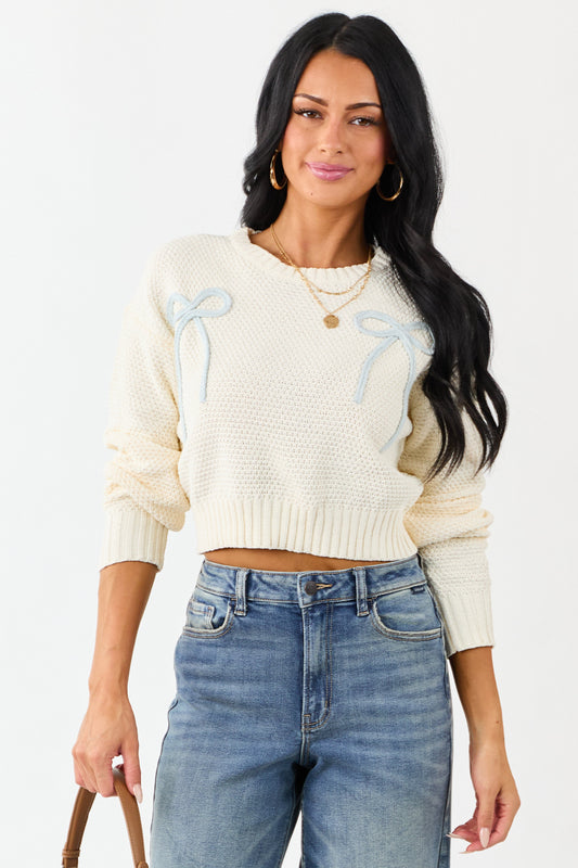 Cream Crochet Knit Bow Detail Crop Sweater