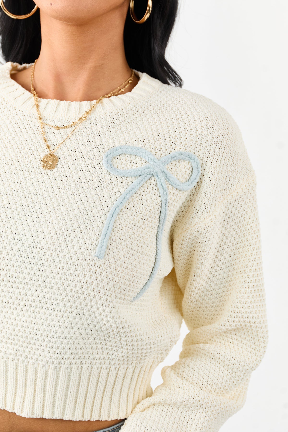 Cream Crochet Knit Bow Detail Crop Sweater