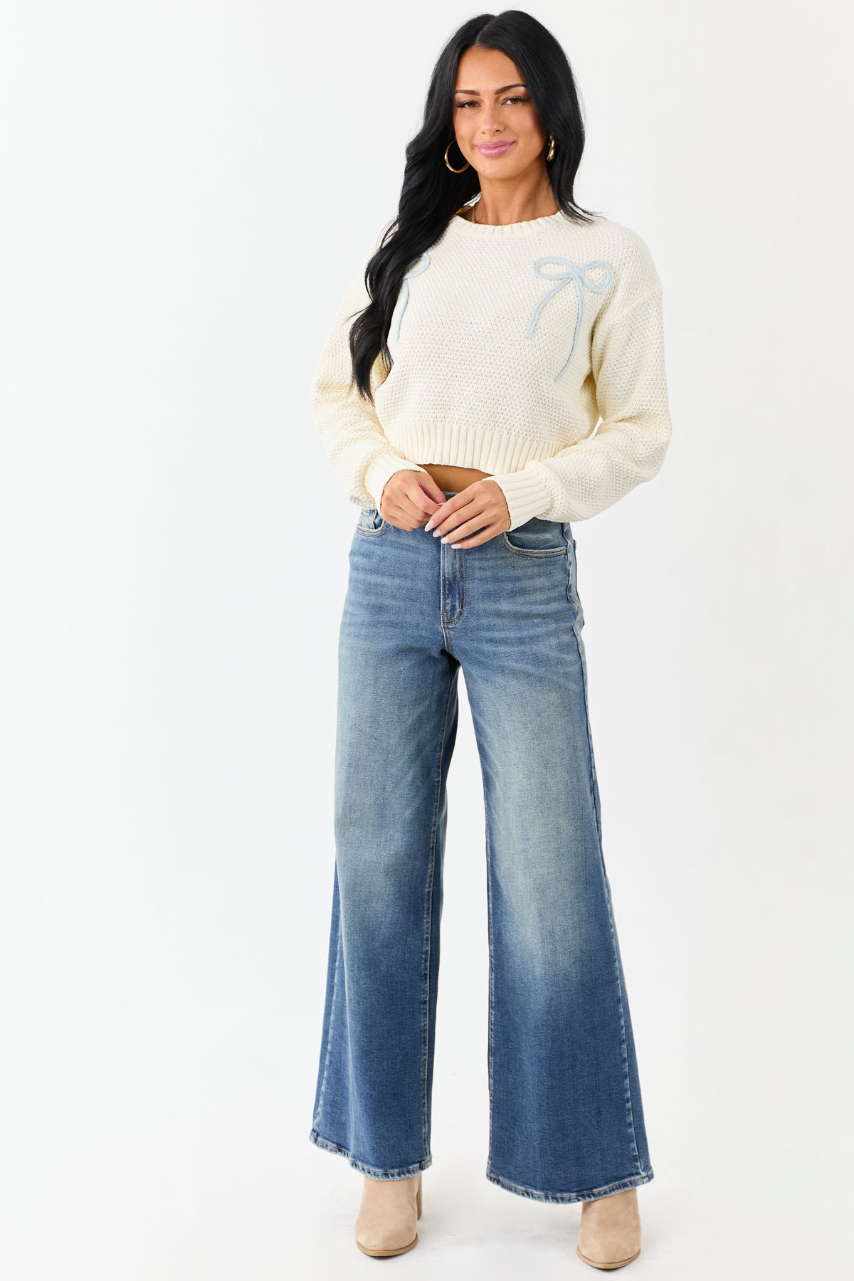 Cream Crochet Knit Bow Detail Crop Sweater
