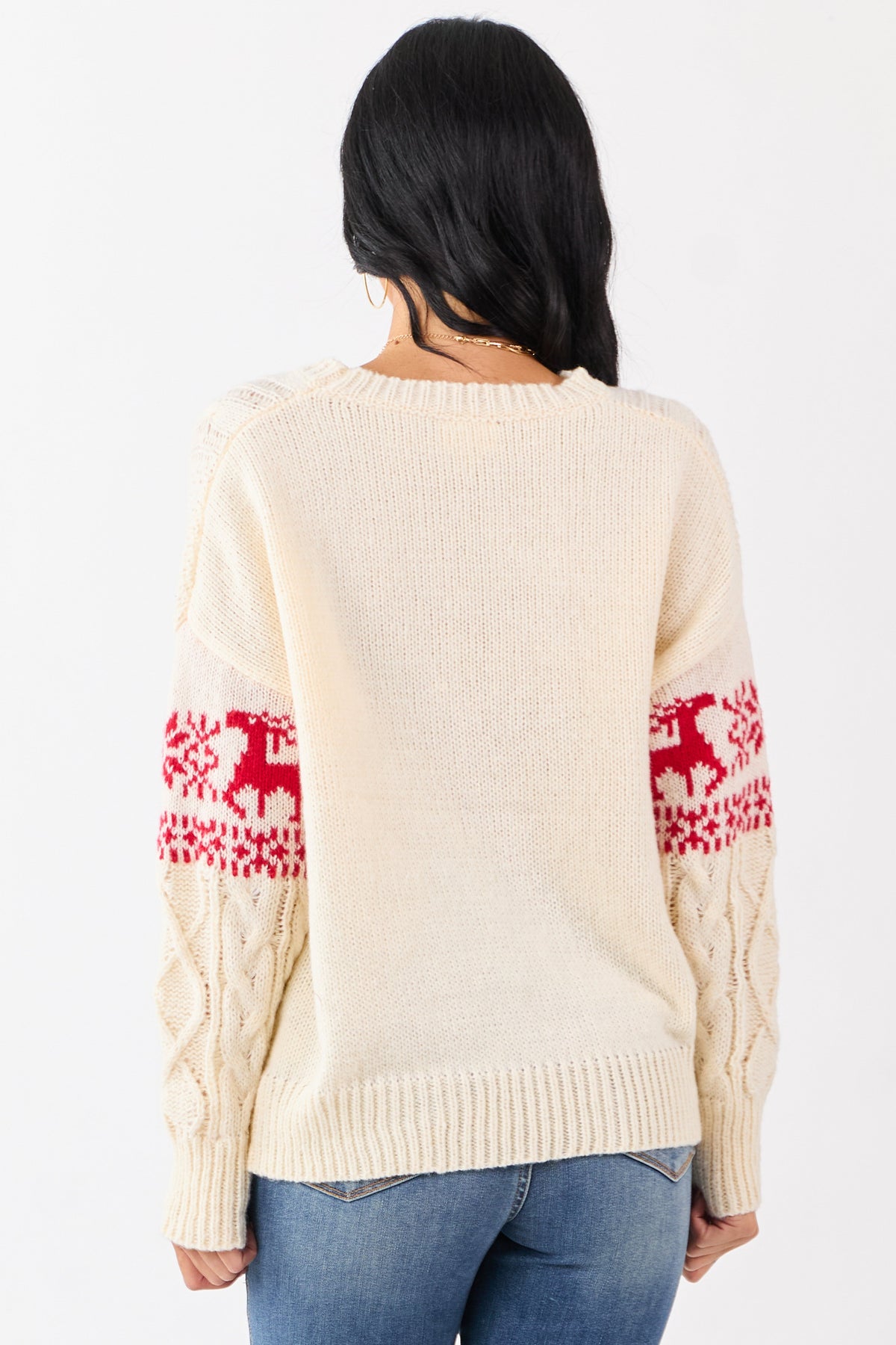 Cream Fair Isle Holiday Pattern Cable Knit Sweater