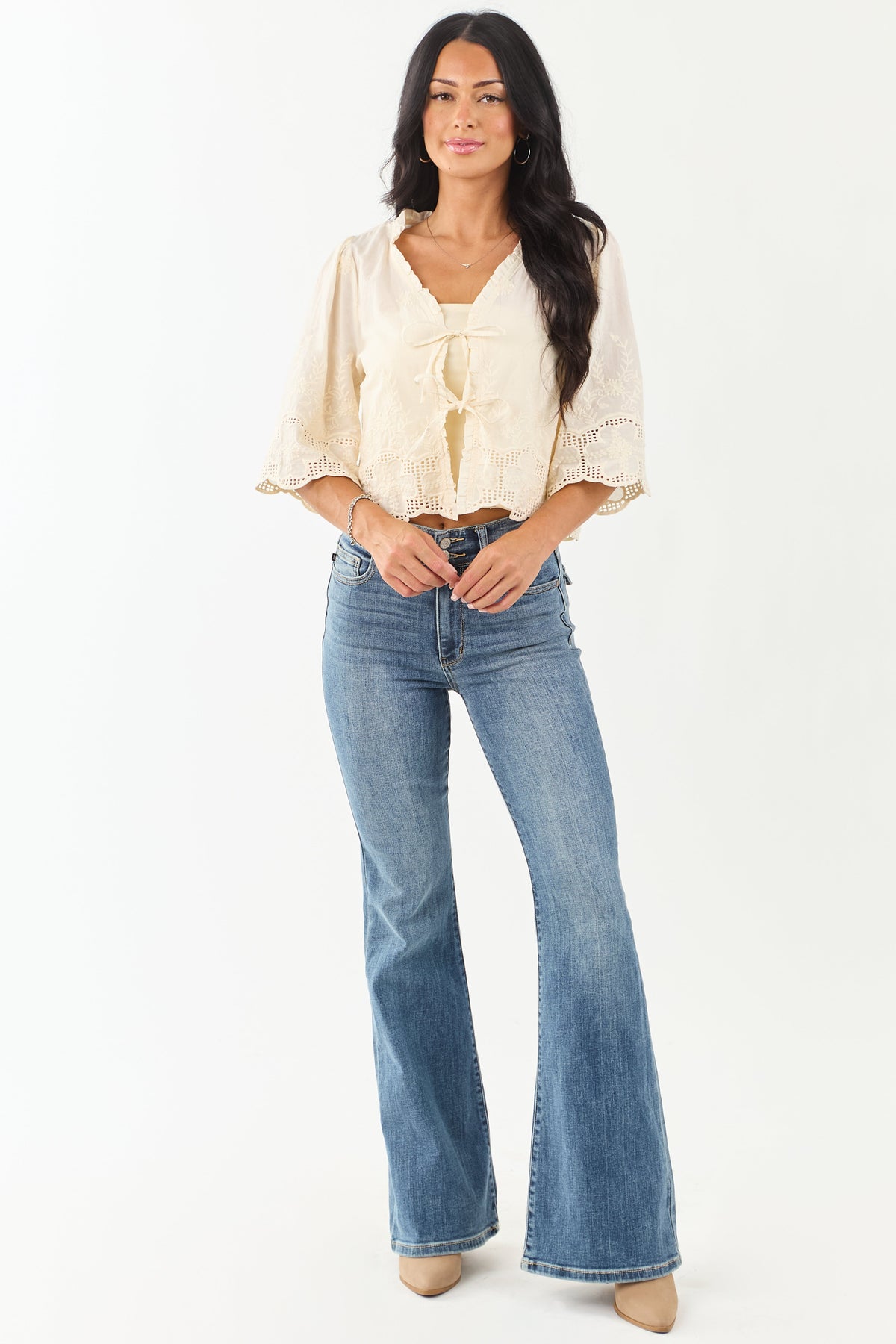 Cream Floral Embroidery Tie Front Cotton Blouse