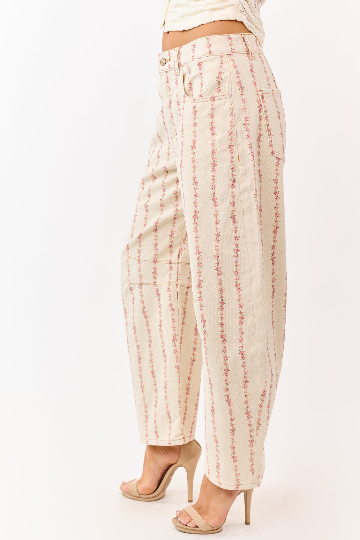 Cream Floral Print Barrel Leg Denim Pants