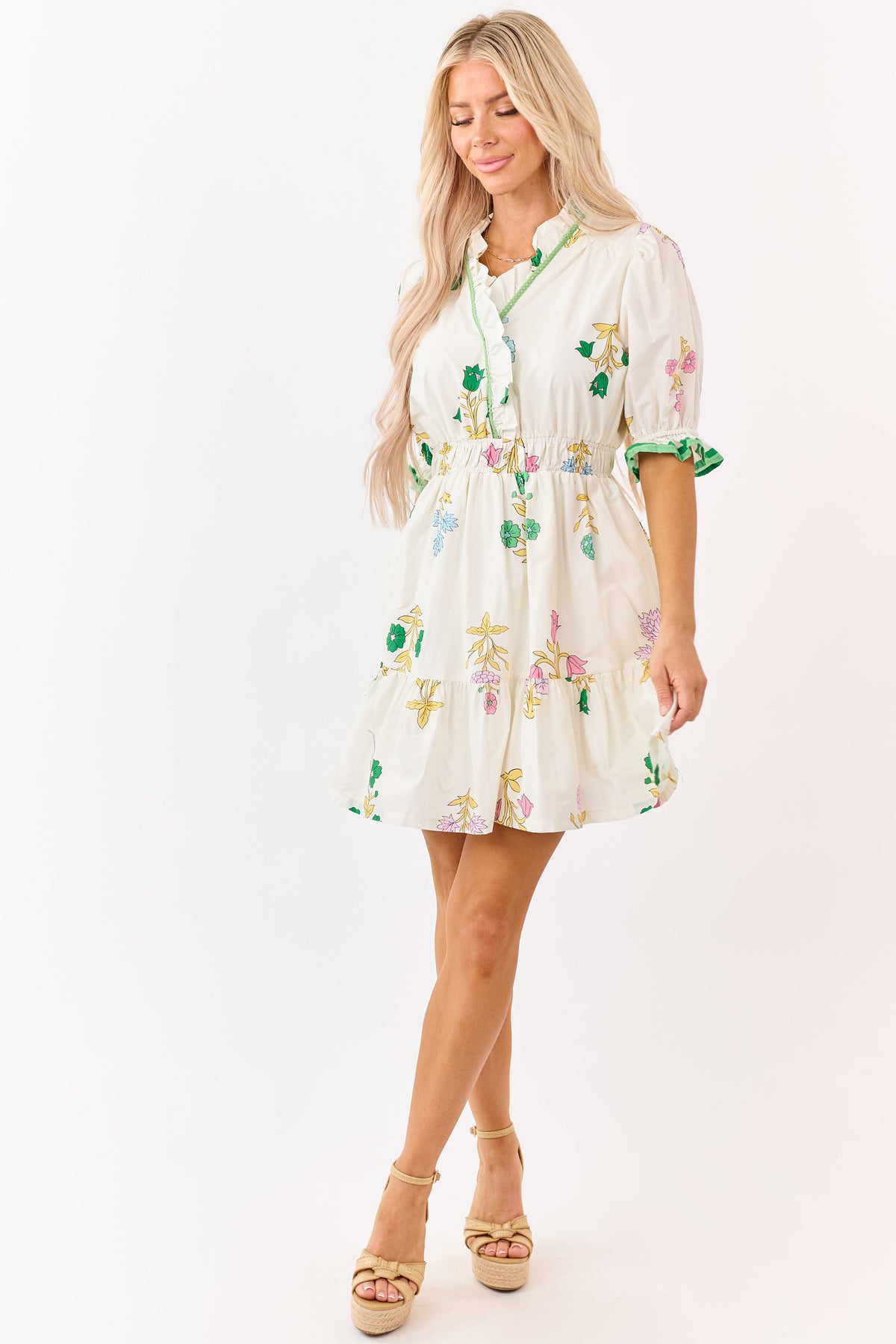 Cream Floral Print Puff Sleeve Cotton Mini Dress