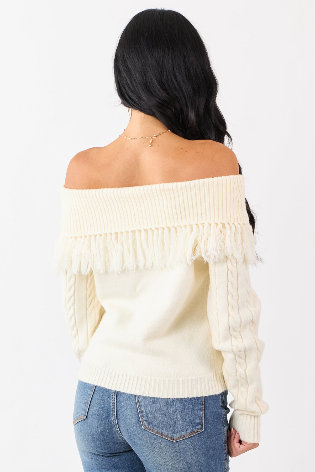 Cream Fold Over Fringe Neckline Off Shoulder Sweater