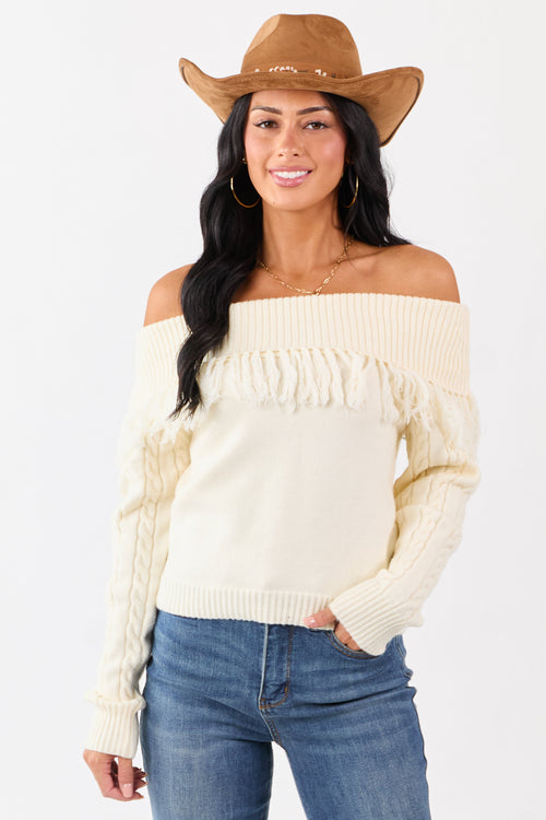Cream Fold Over Fringe Neckline Off Shoulder Sweater