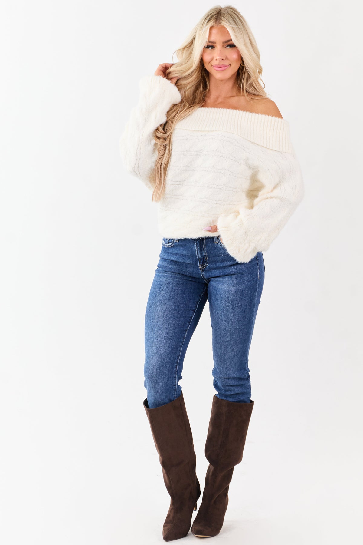 Cream Fold Over Off Shoulder Eyelash Knit Sweater