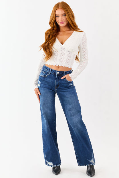 Cream Fuzzy Knit Lace V-Neck Fitted Top