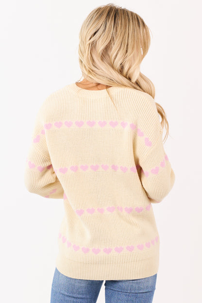 Cream Heart Pattern Ribbed Knit Relaxed Sweater