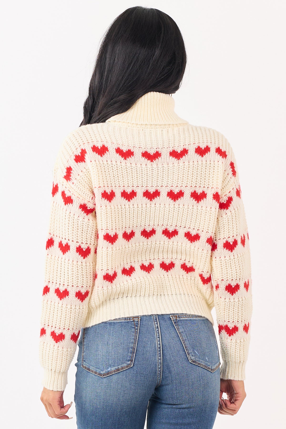 Cream Heart Print Turtleneck Long Sleeve Sweater