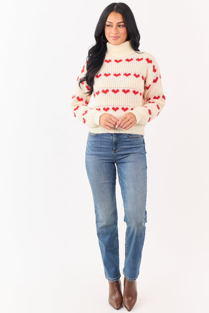 Cream Heart Print Turtleneck Long Sleeve Sweater