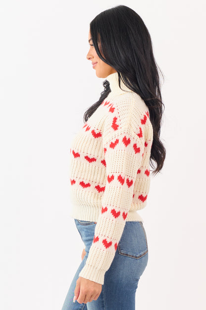 Cream Heart Print Turtleneck Long Sleeve Sweater