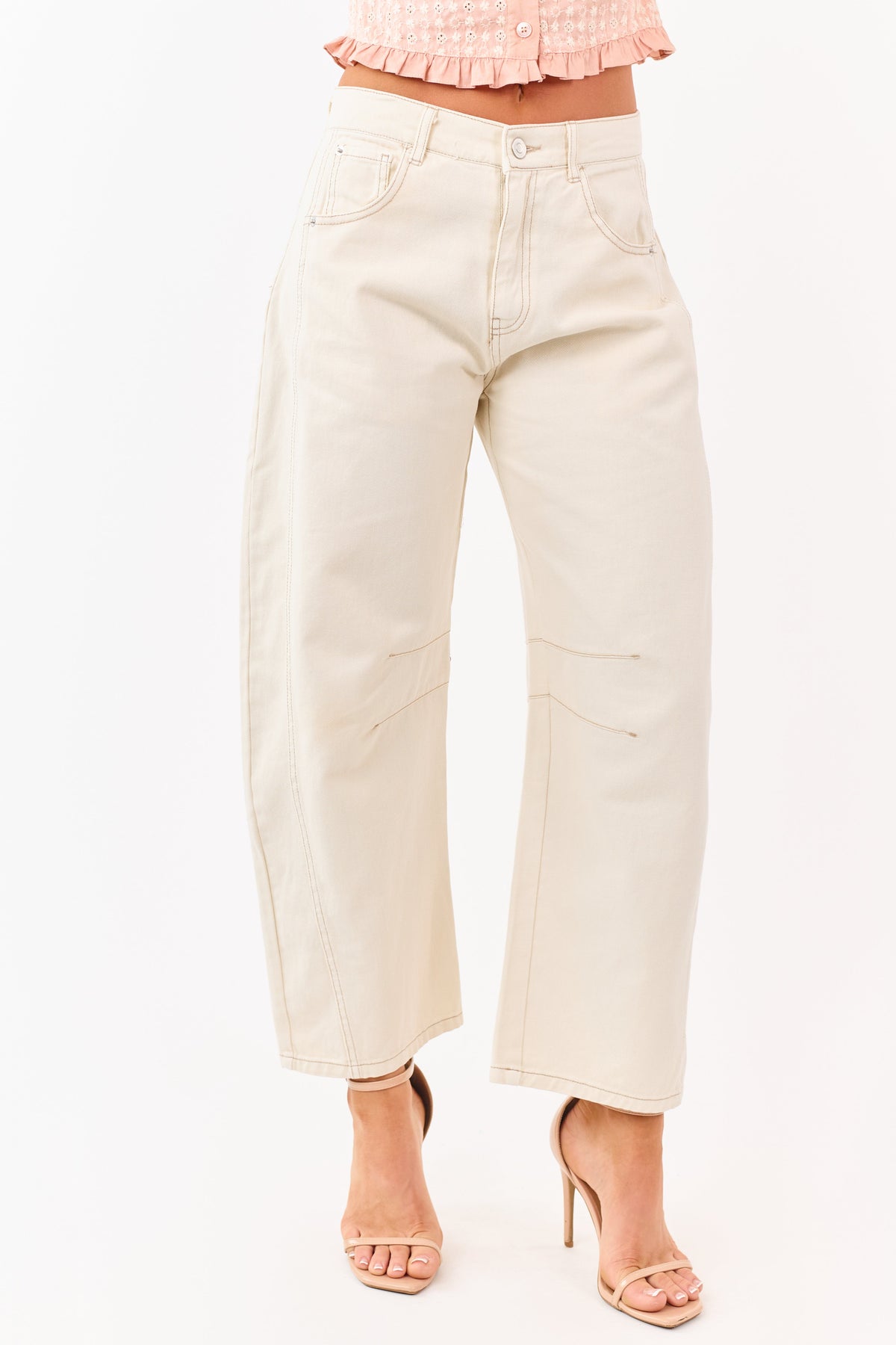 Cream High Rise Barrel Leg Cropped Length Jeans