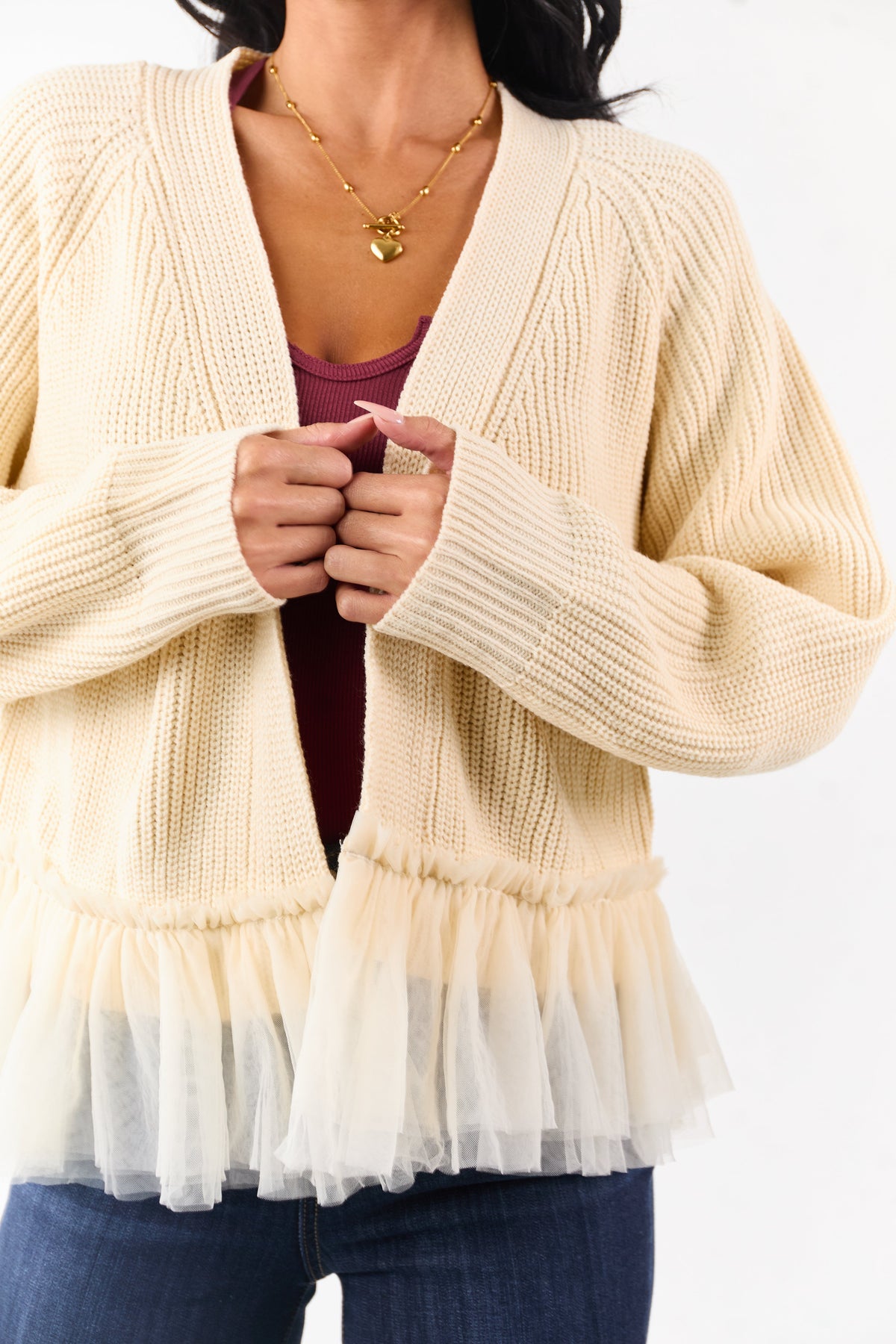 Cream Knit Open Front Tulle Ruffle Hem Cardigan