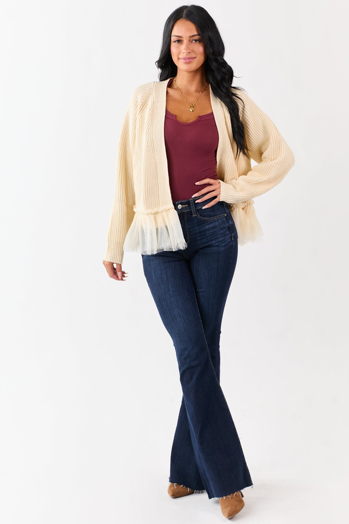 Cream Knit Open Front Tulle Ruffle Hem Cardigan