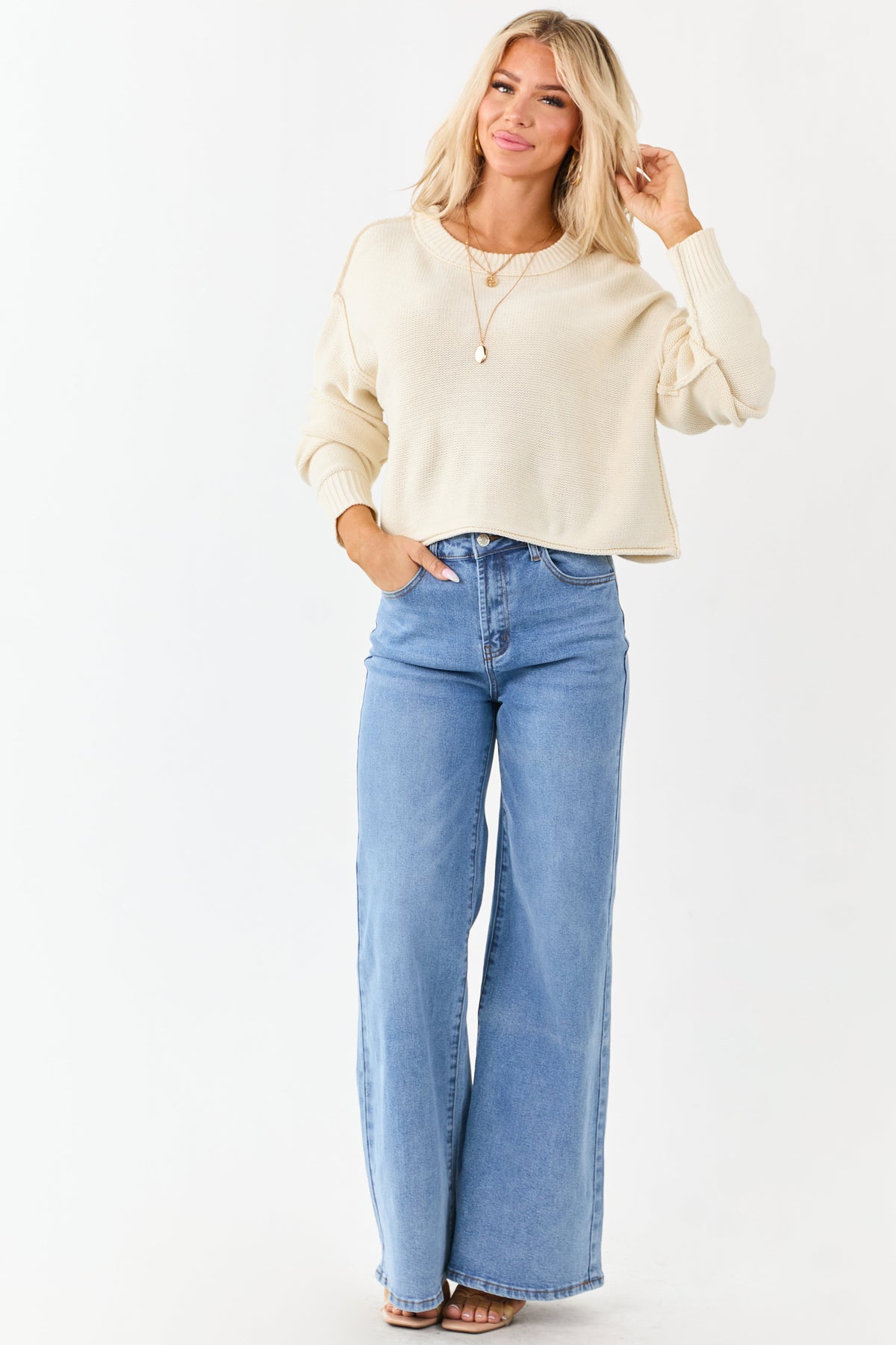 Cream Long Sleeve Relaxed Knit Sweater