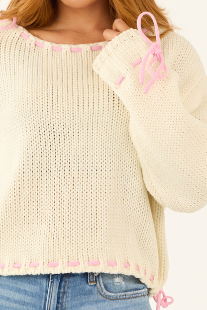 Cream Long Sleeve Tie Cinched Detail Sweater