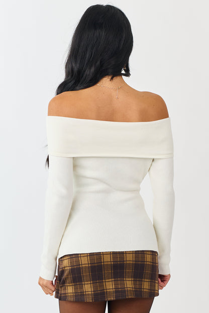 Cream Off Shoulder Bow Detail Rib Knit Sweater