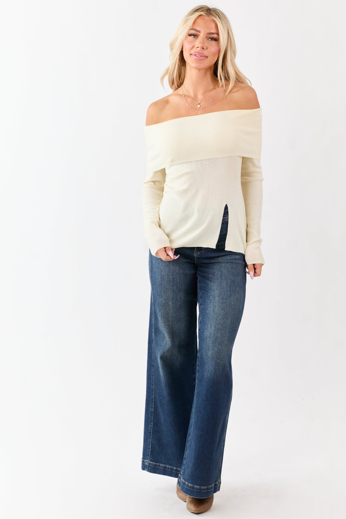 Cream Off Shoulder Wool Blend Side Slit Knit Top