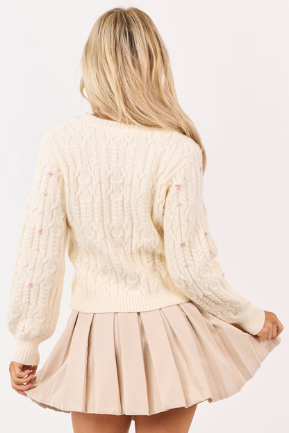 Cream Pearl Detailed Cable Knit Sweater