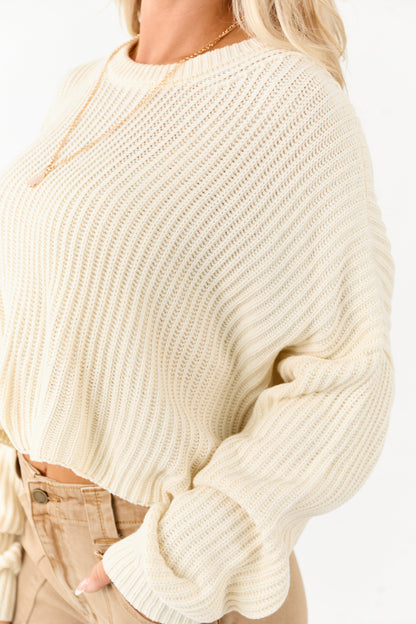 Cream Relaxed Rib Knit Crew Neck Cropped Sweater