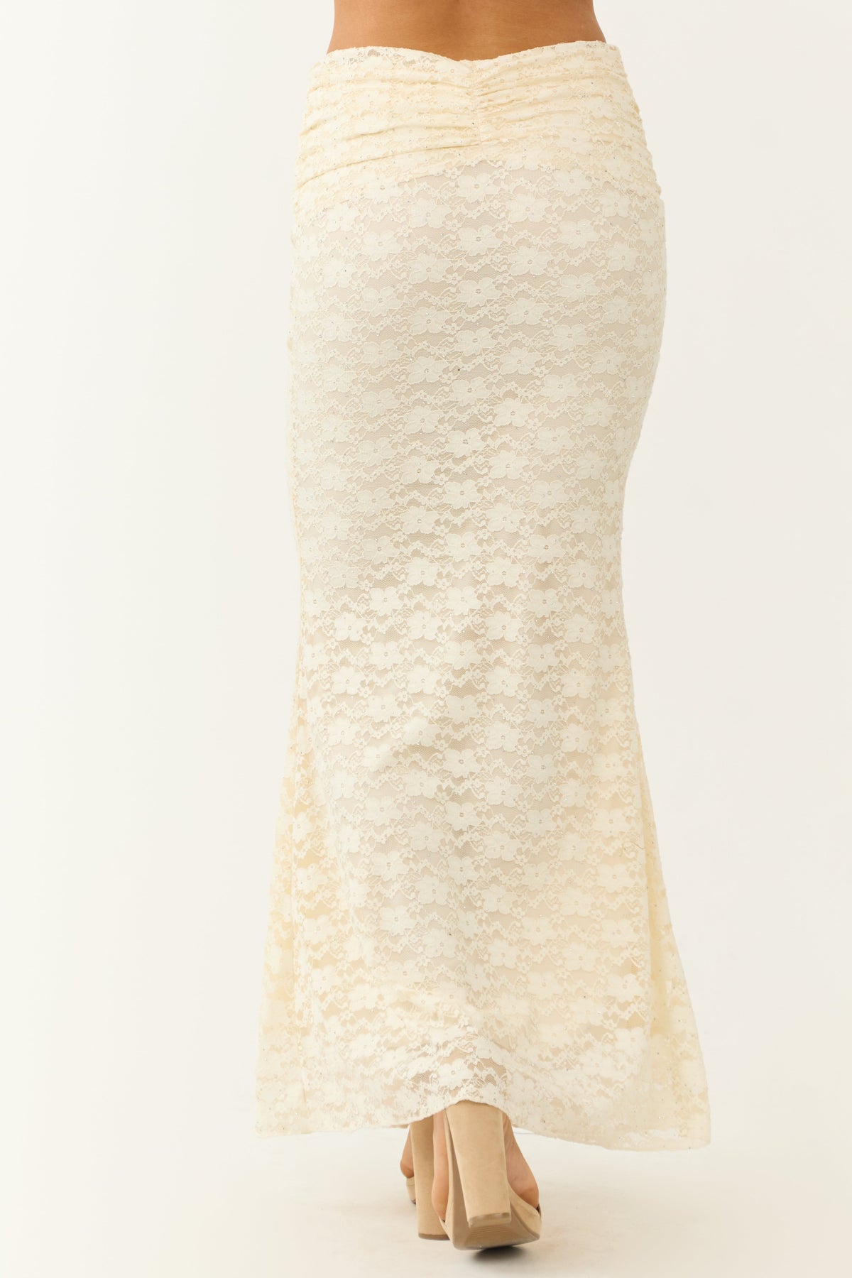 Cream Studded Floral Lace Ruched Maxi Skirt
