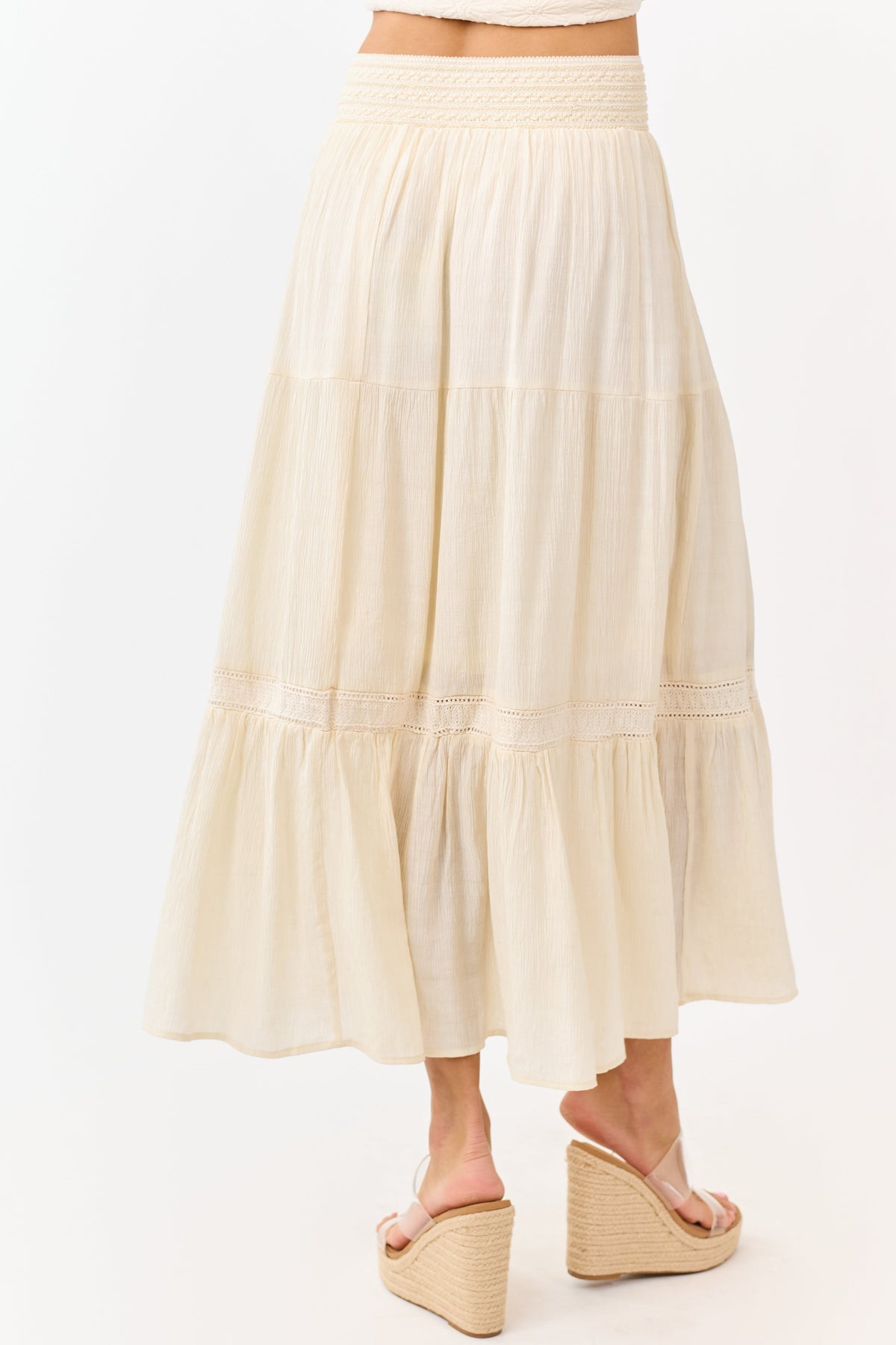 Cream Tiered Smocked Waistband Midi Skirt