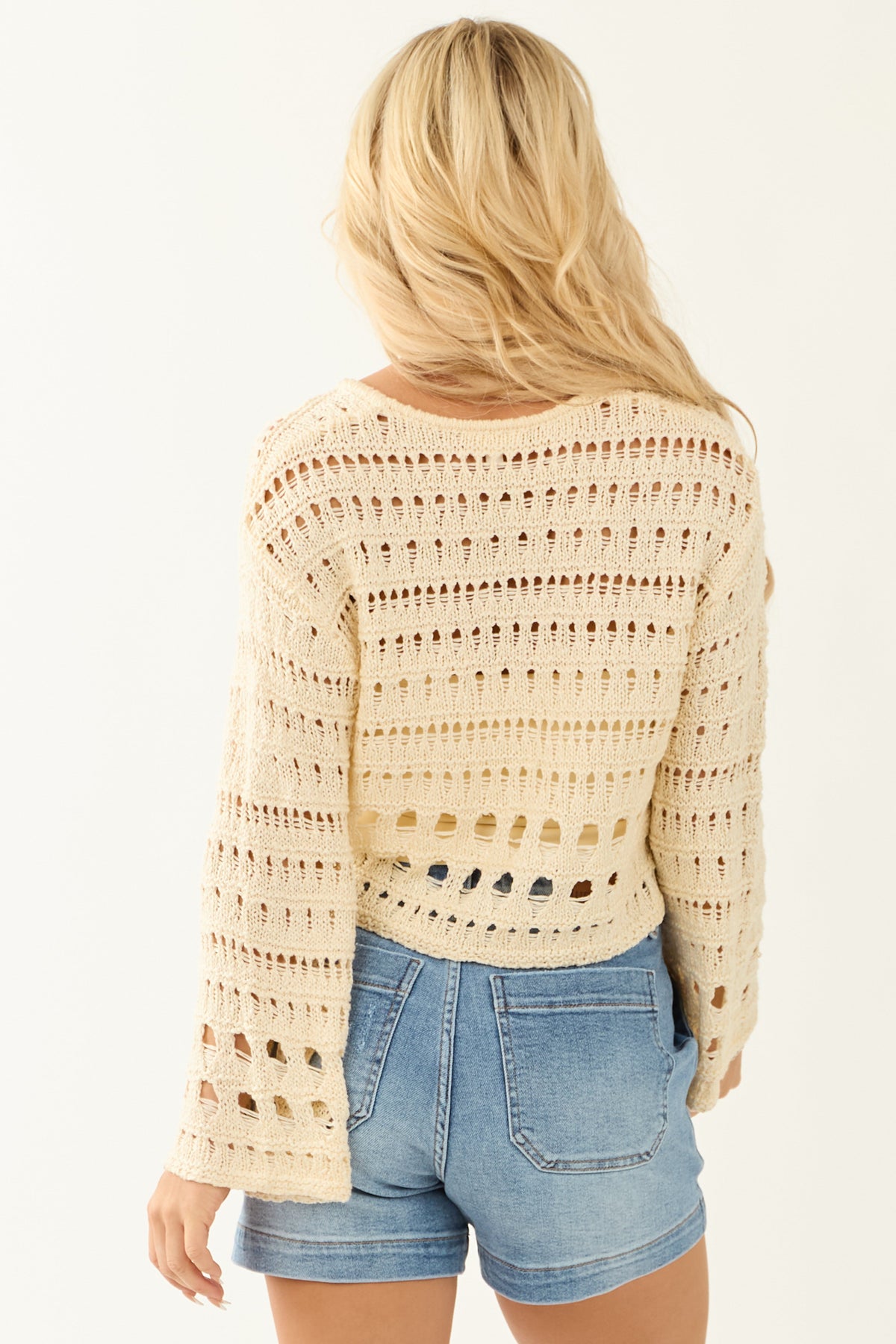 Cream V Neck Flare Sleeve Cropped Sweater