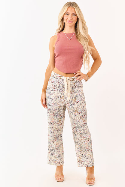 Cream Wildflower Waist Tie Barrel Leg Denim Pants