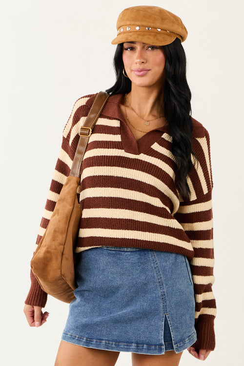 Cream and Cocoa Striped Collared Sweater