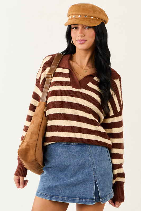 Cream and Cocoa Striped Collared Sweater