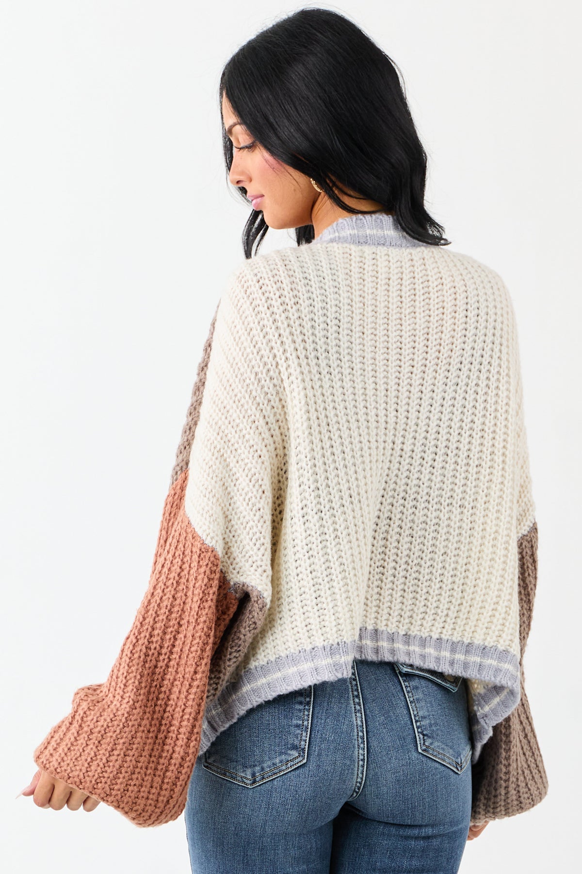 Cream and Coffee Colorblock Puff Sleeve Cardigan