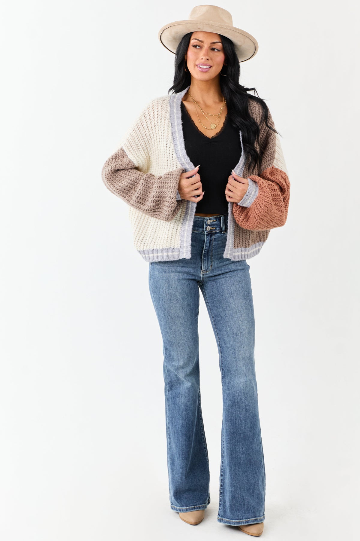 Cream and Coffee Colorblock Puff Sleeve Cardigan